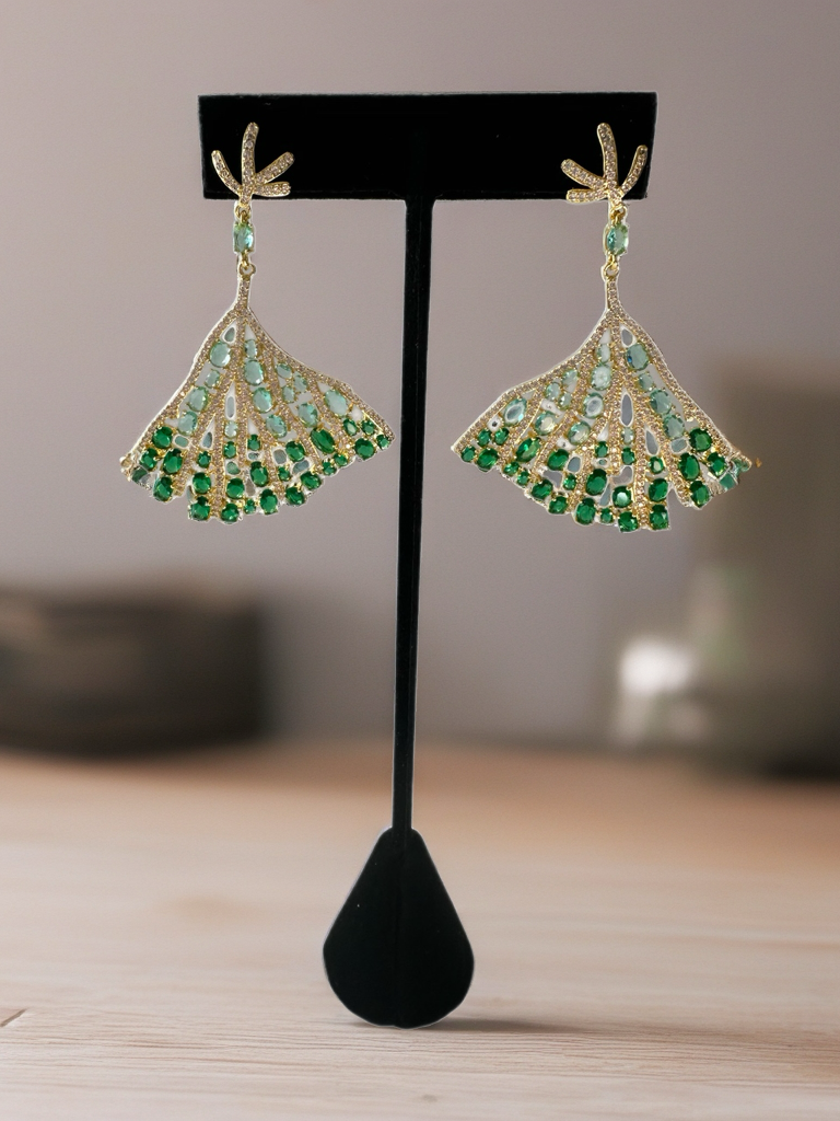 Green cubic zirconia tree leaf earrings
