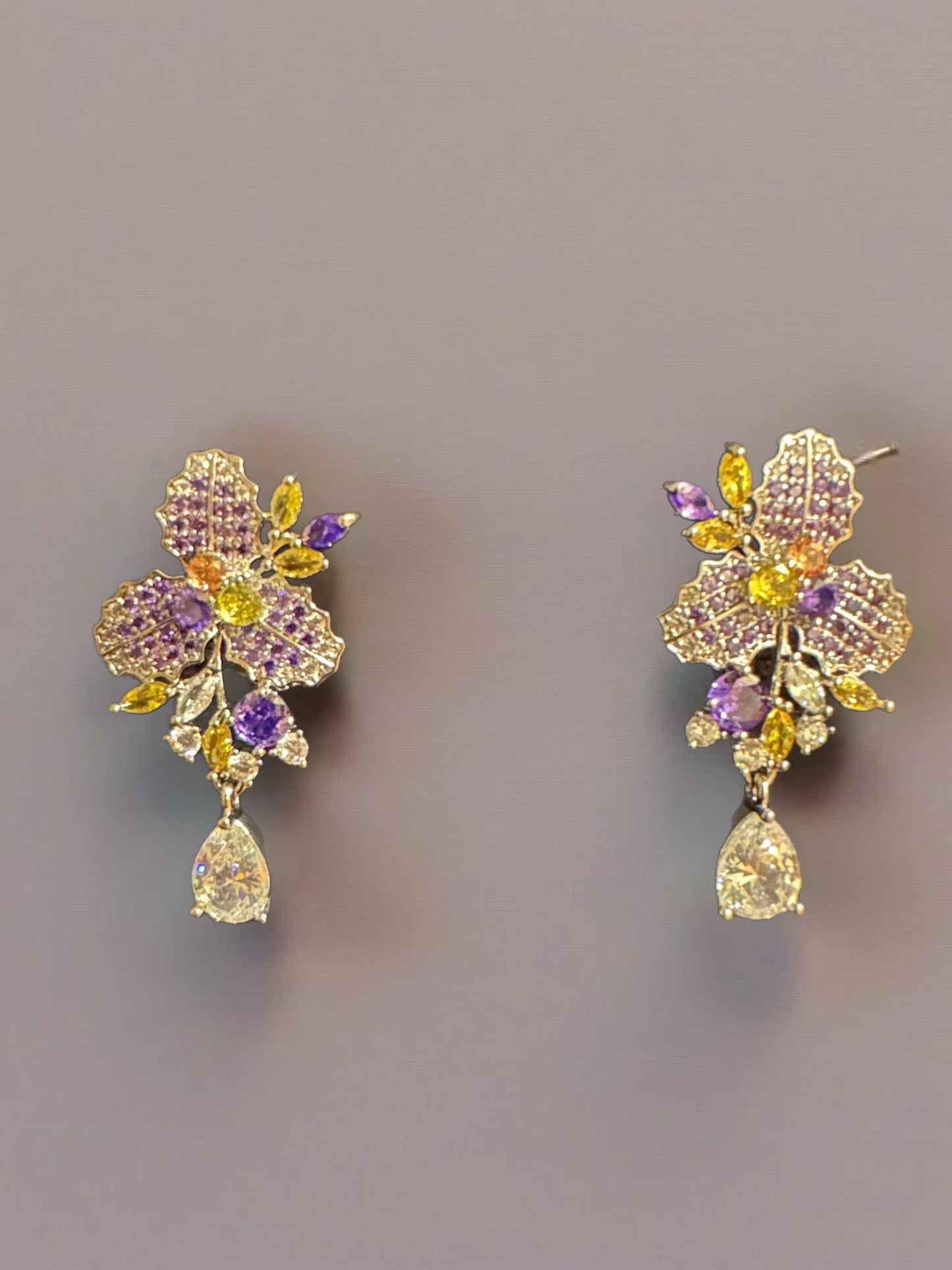Zirconia Flower Leaf Earrings - Purple & Yellow, Elegant Design with Sparkling Accents