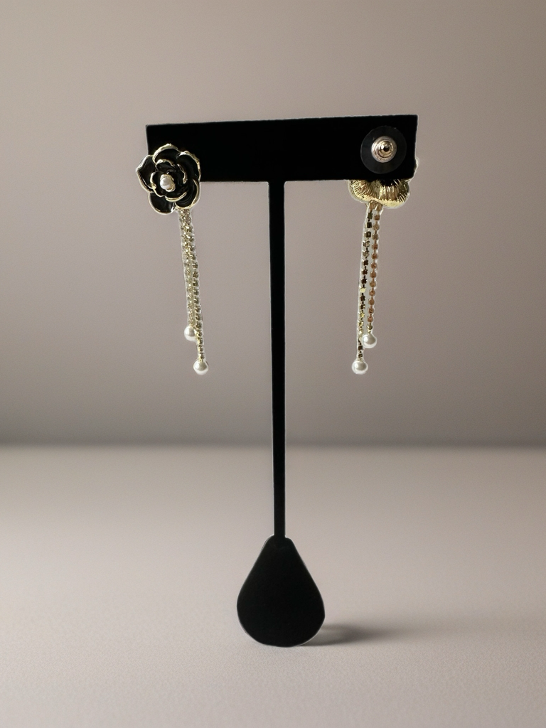 Black Golden Flower Earrings with Rhinestones - Gold plated