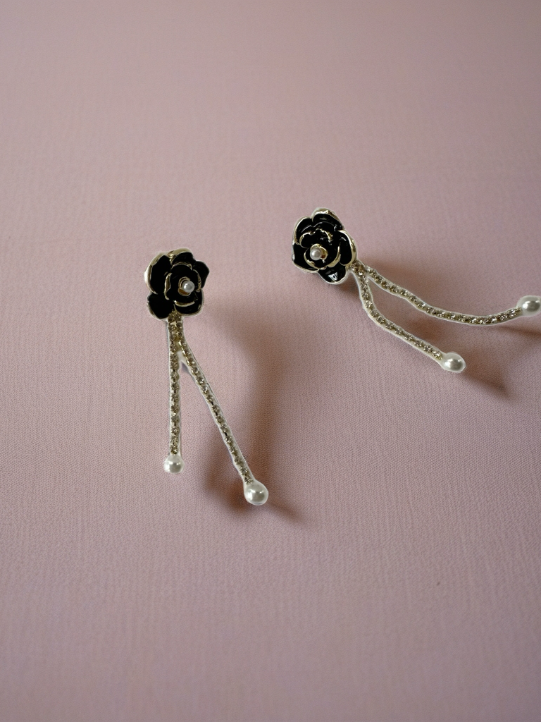 Black Golden Flower Earrings with Rhinestones - Gold plated