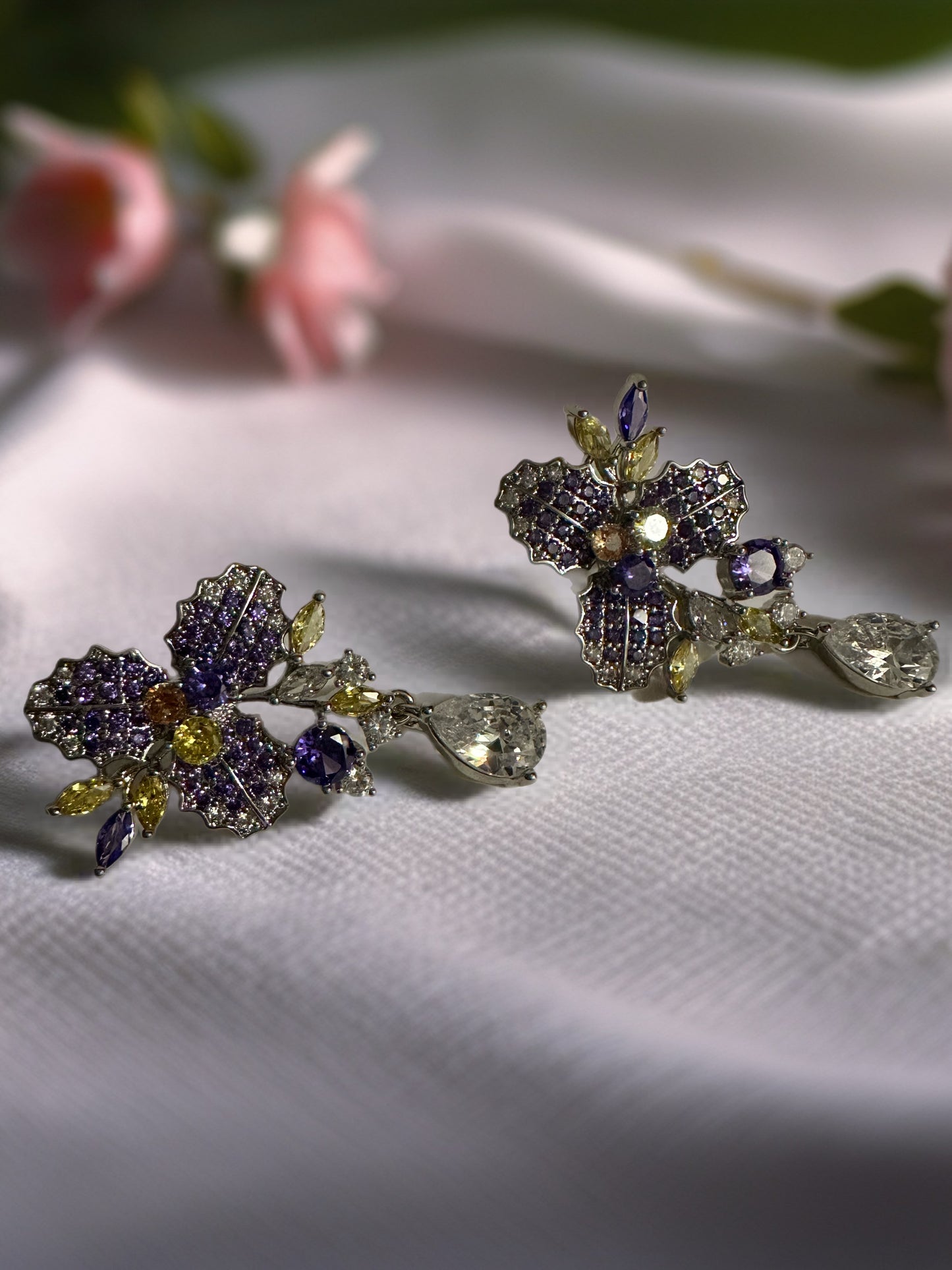 Zirconia Flower Leaf Earrings - Purple & Yellow, Elegant Design with Sparkling Accents