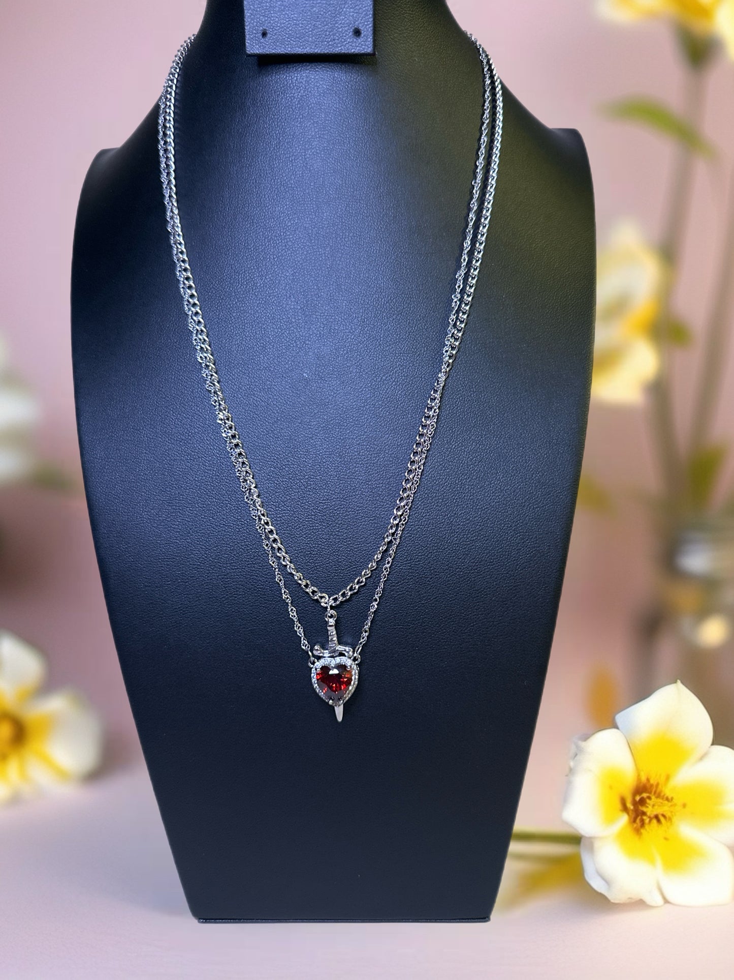 Sword heart necklace - silver plated, stainless steel