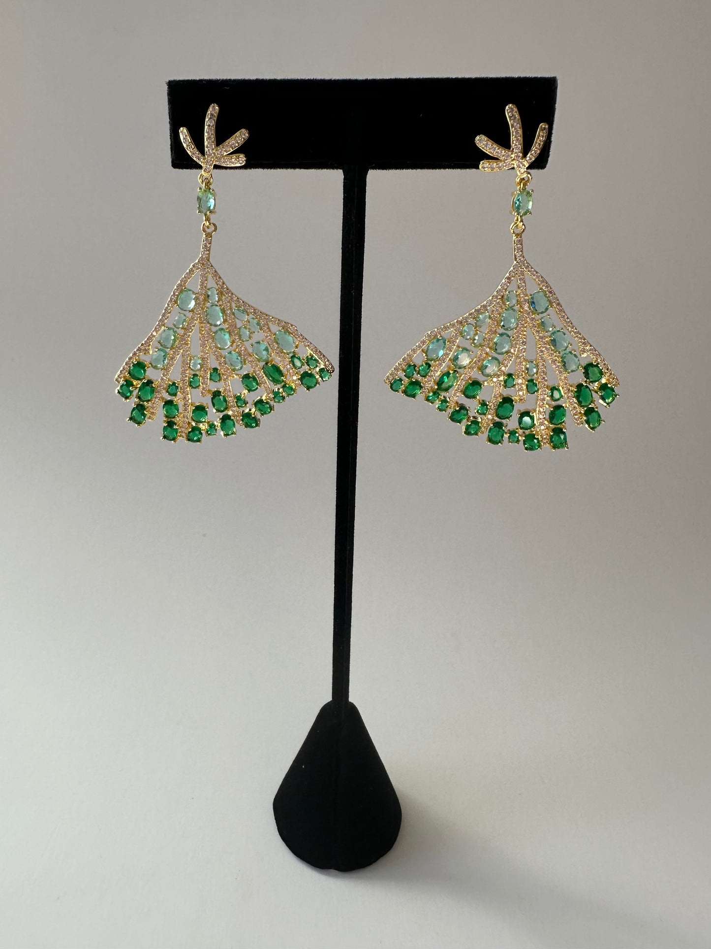 Green cubic zirconia tree leaf earrings