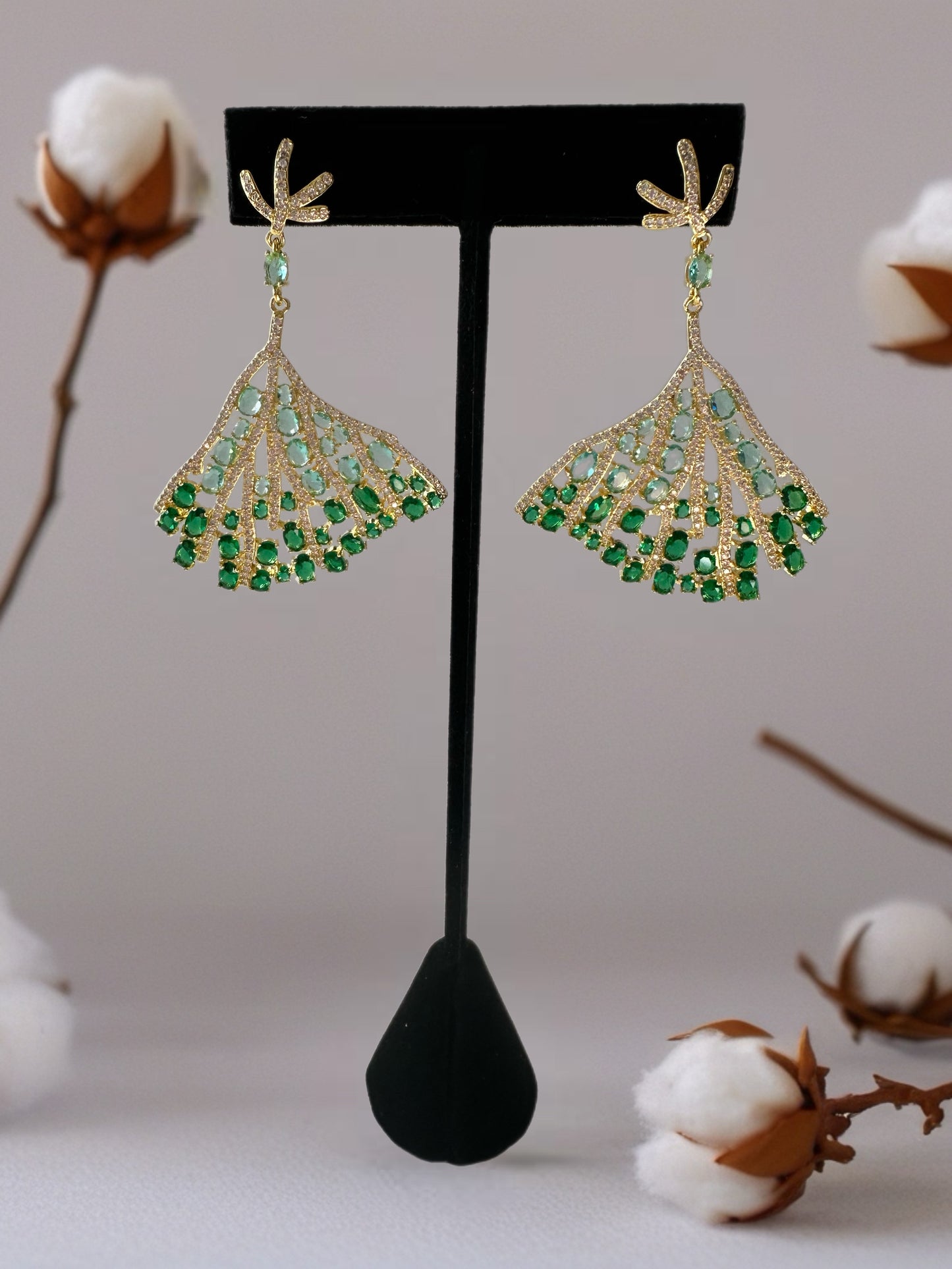 Green cubic zirconia tree leaf earrings