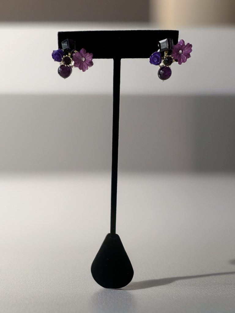 Purple color crystal flower stud earrings