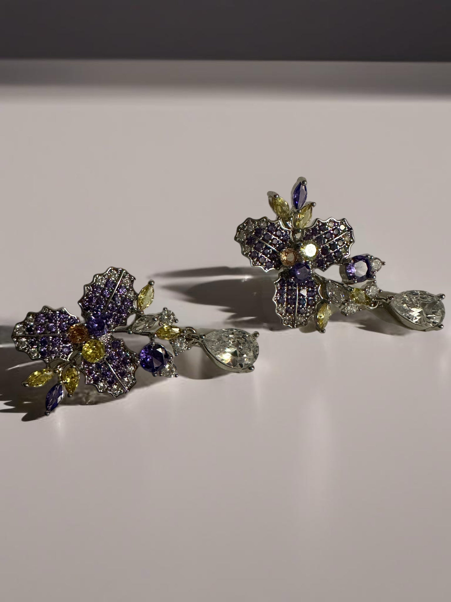 Zirconia Flower Leaf Earrings - Purple & Yellow, Elegant Design with Sparkling Accents